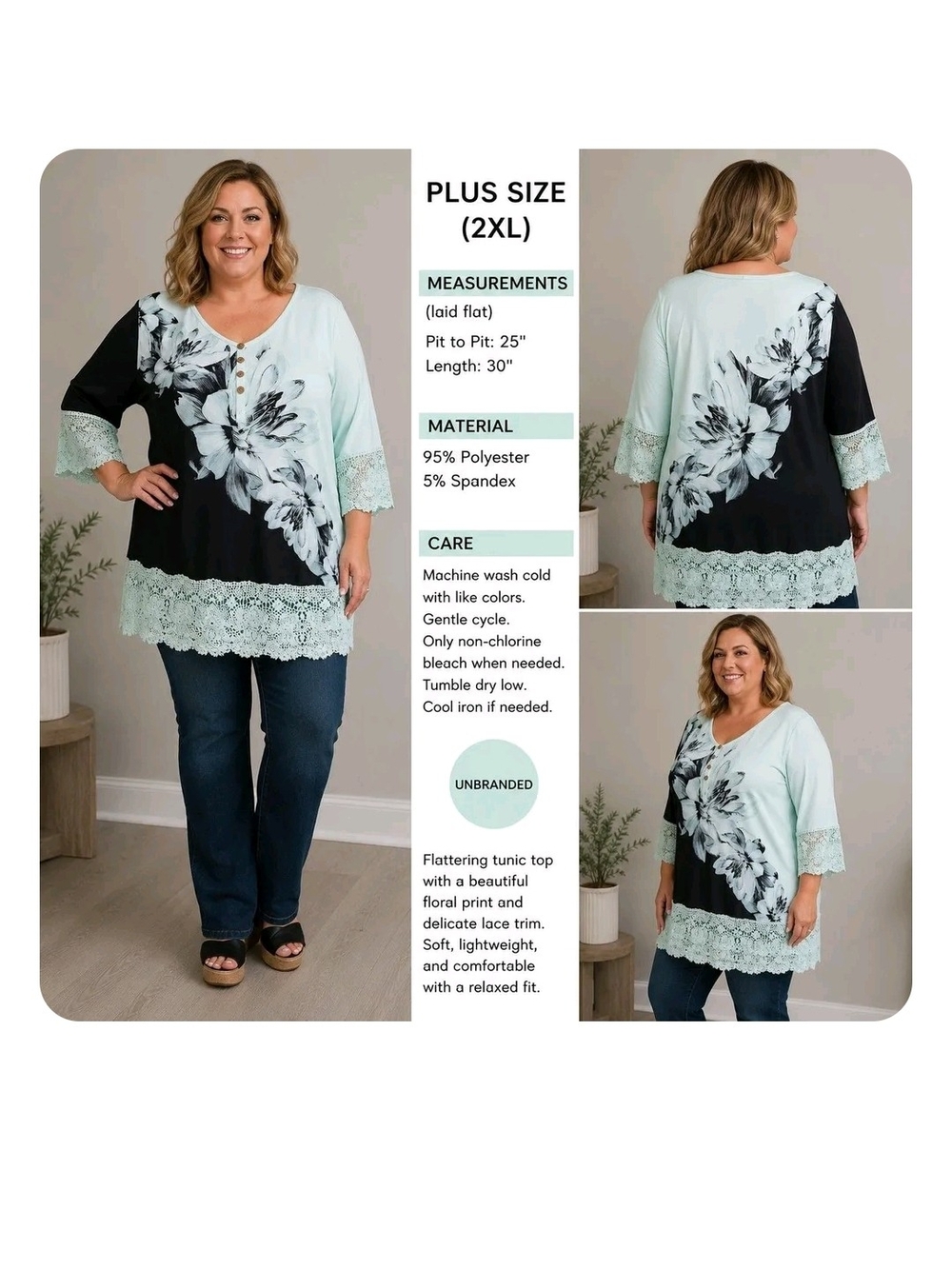 P18 Unbranded Plus Size 2XL Floral Lace Tunic Top